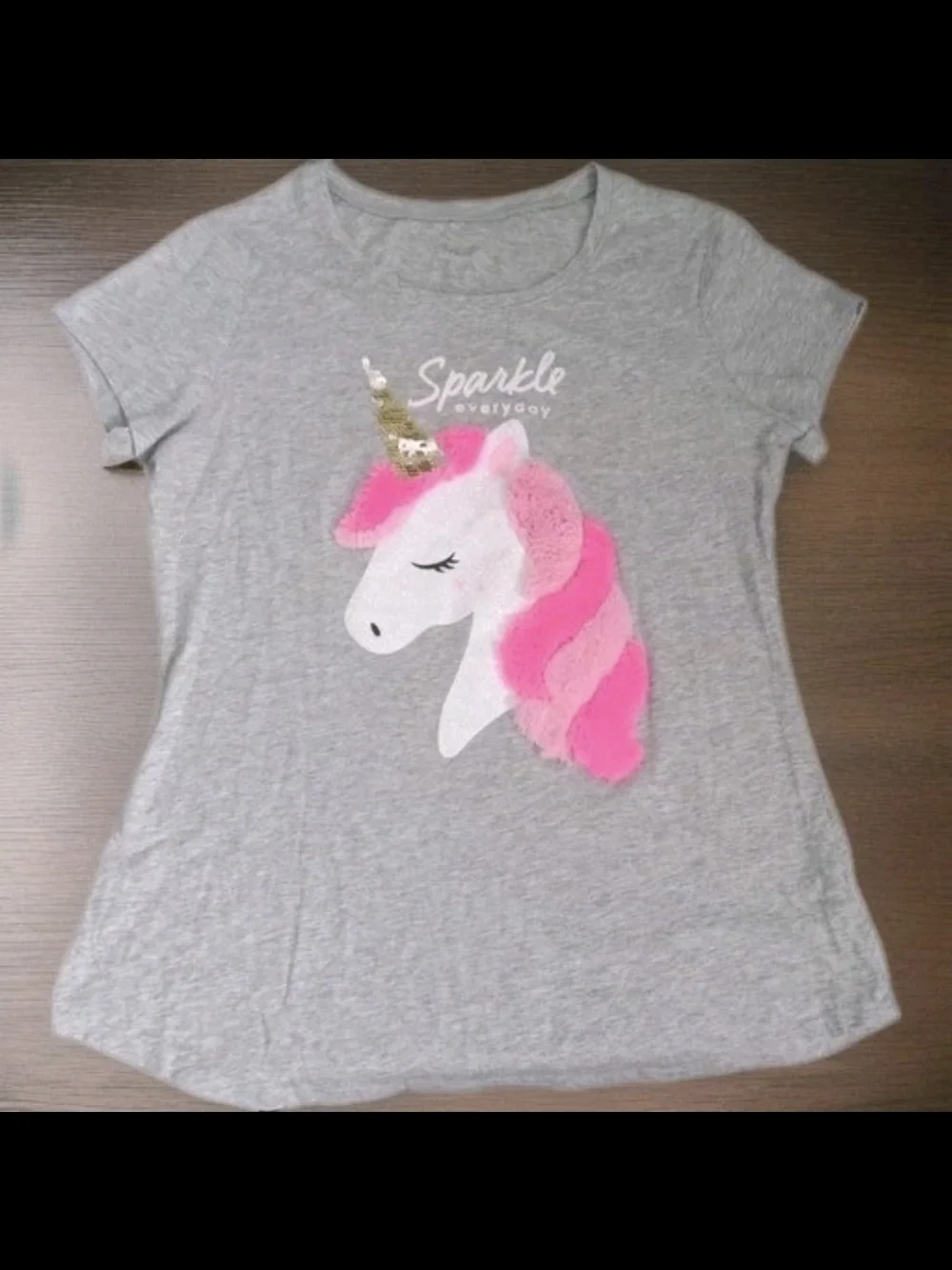 Justice Gray Tee with Pink Unicorn Mane and Gold Sequin Horn